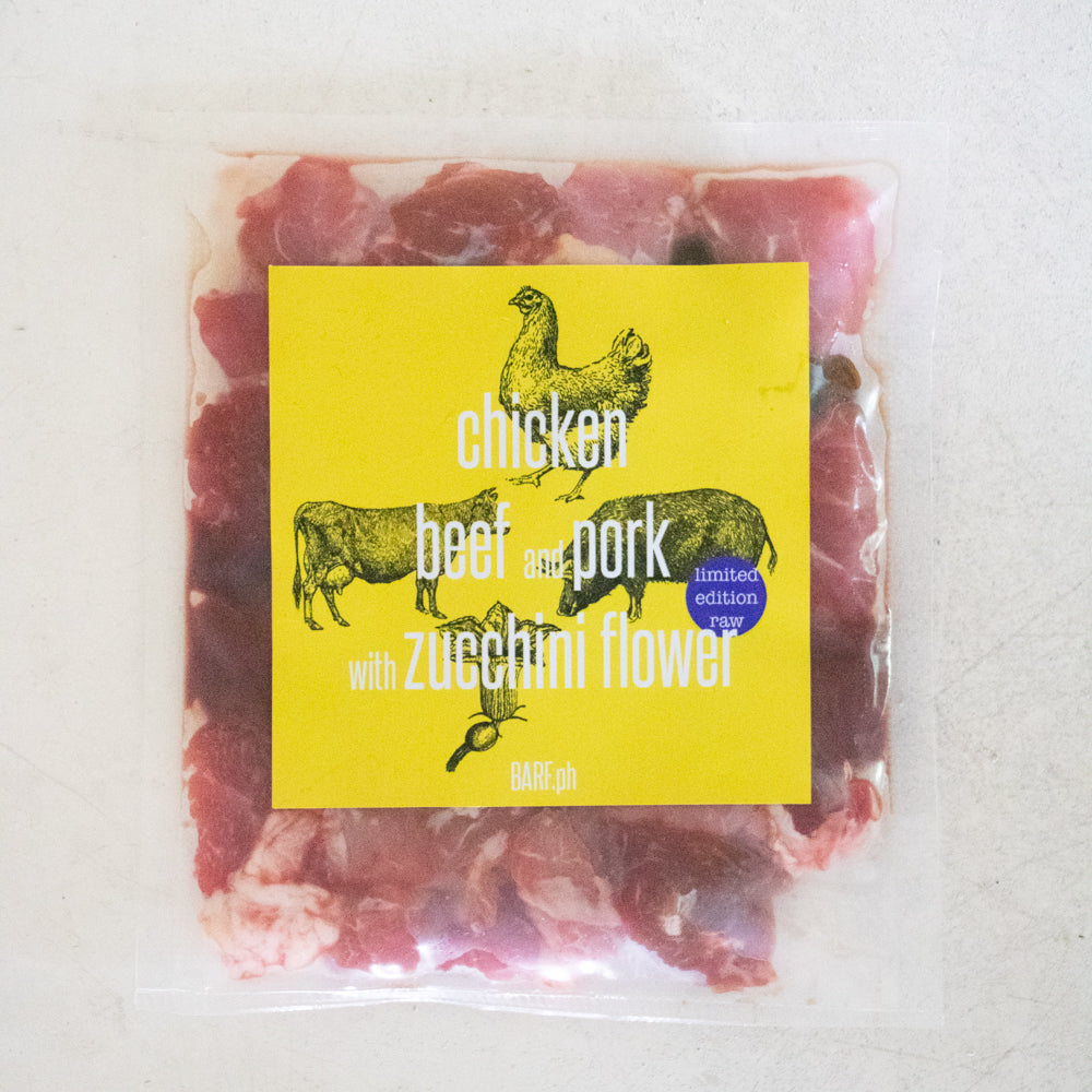 Chicken, beef and pork with zucchini flower